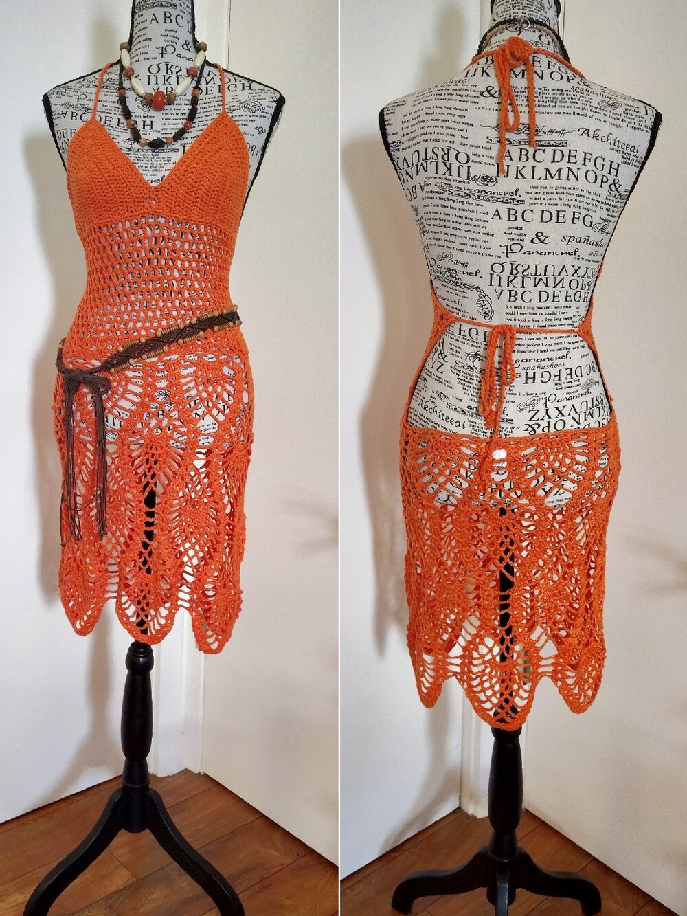 Y2K Orange Crochet Mini Festival Dress Halter with Open Back Large *Fits Med 00s